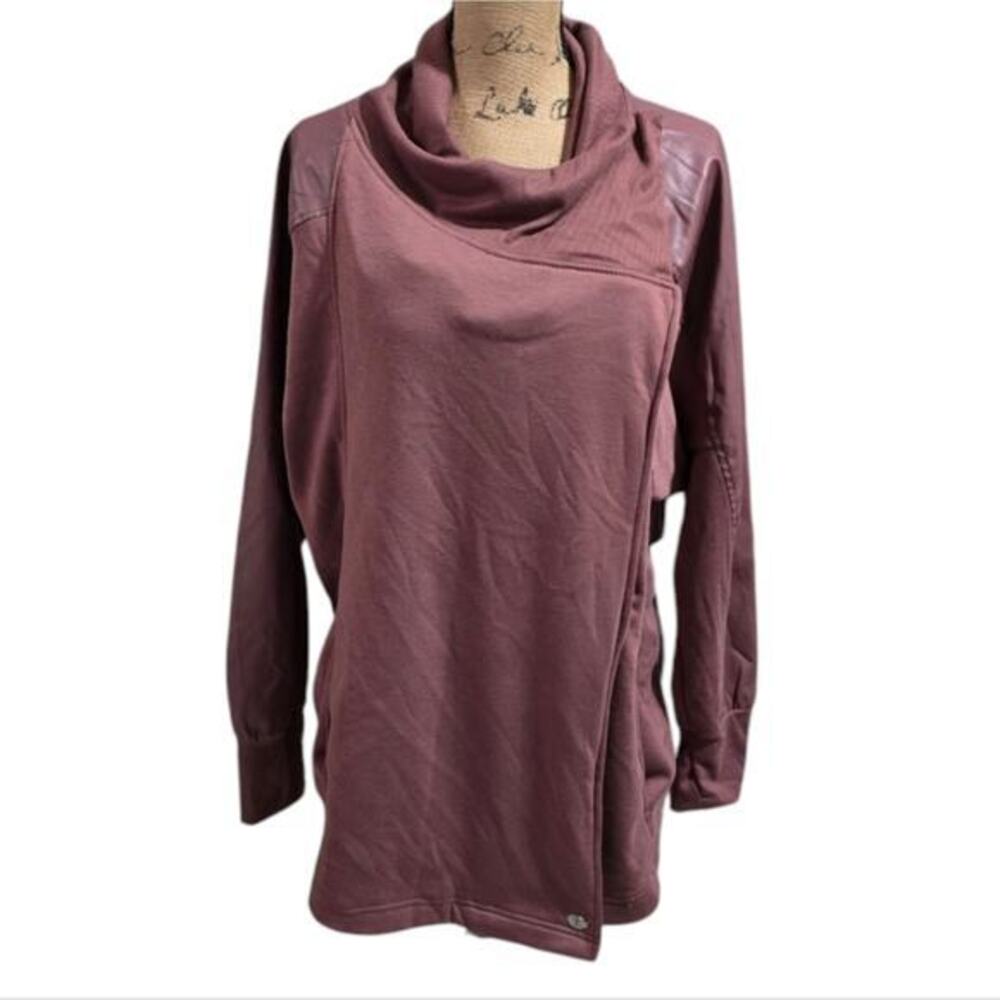 Tahari Sport Womens Burgundy Cowl Neck Faux Leather Trim Wrap Sweatshirt Plus 3X
